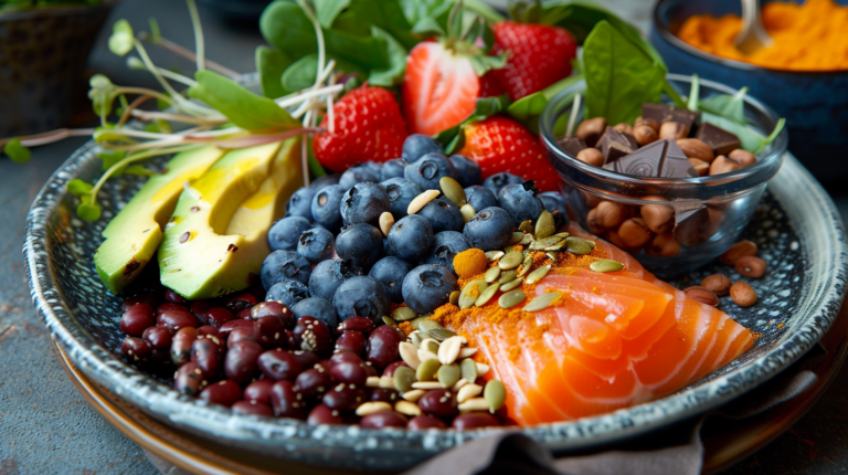 A serving plate with blueberries, salmon, leafy greens, avocado, nuts and seeds, berries, greek yogurt, turmeric, beans and legumes, and dark chocolate